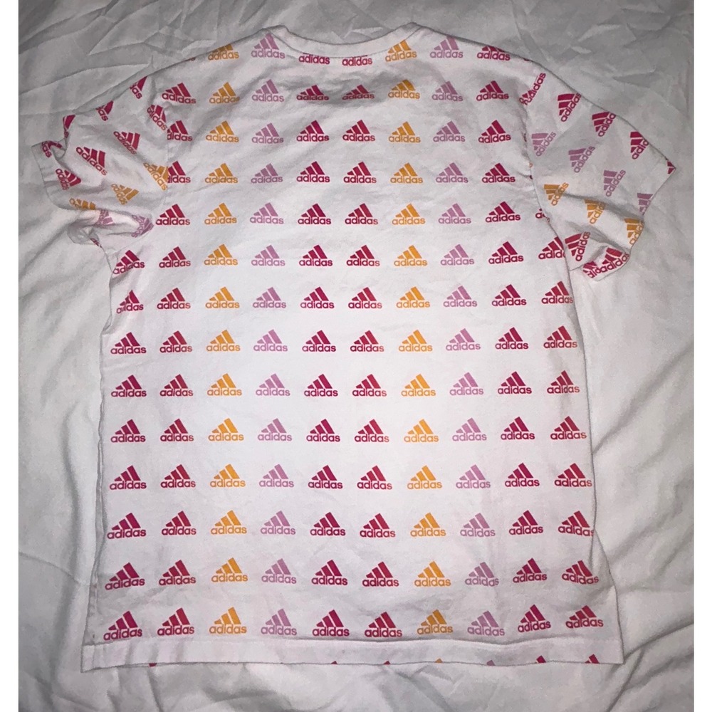 Adidas Pink All Over Print Logo Tee Athletic Activewear Top‎ White Medium - Picture 6 of 6